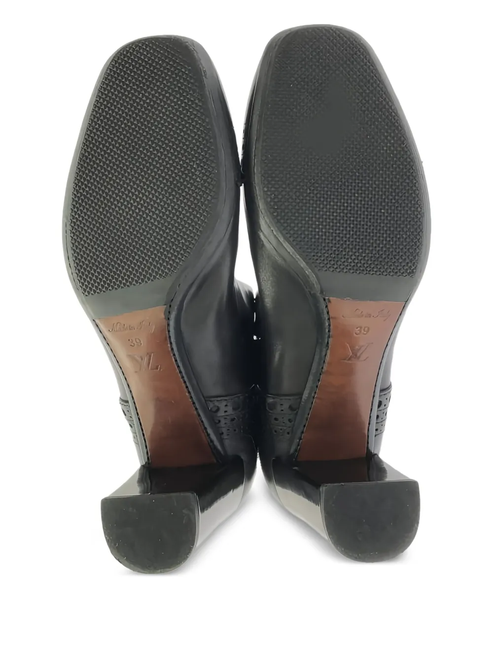 Pre-owned Louis Vuitton Brogue-embellished Block-heel Leather Boots In Black