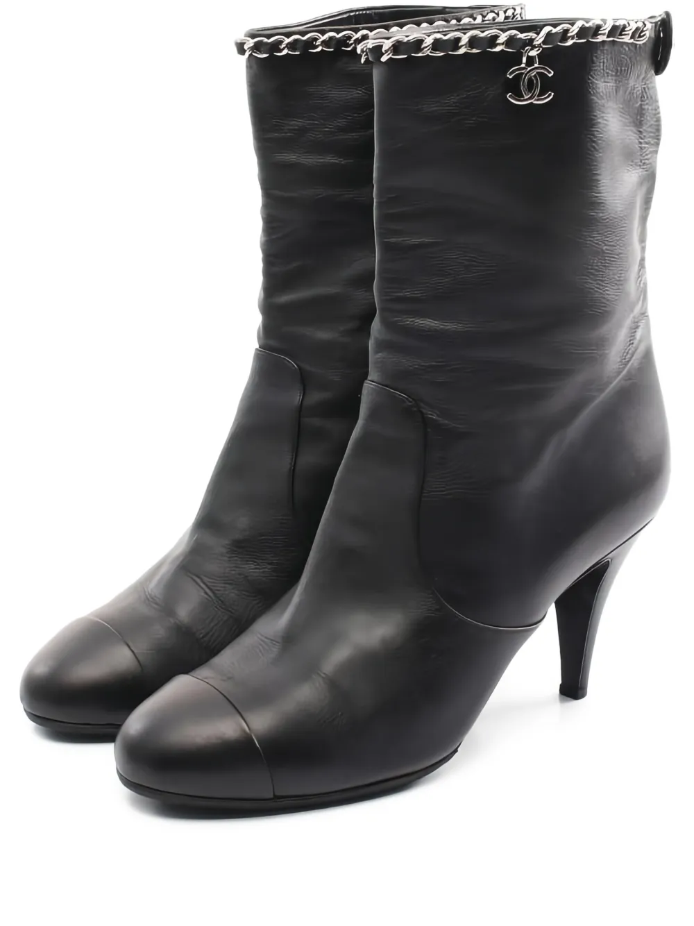 Pre-owned Chanel 70mm Chain-trimmed Leather Ankle Boots In Black