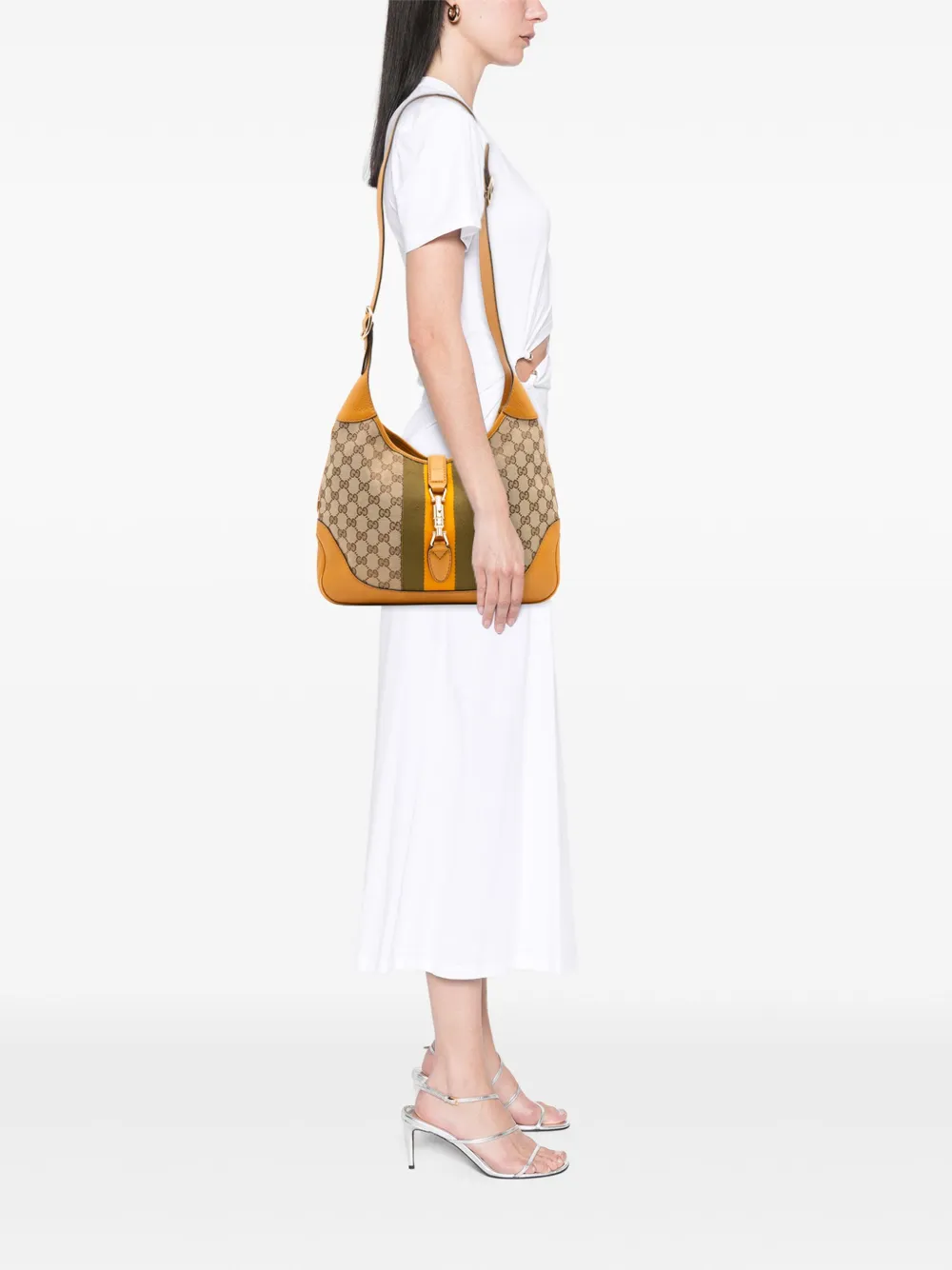 Pre-owned Gucci 2016-2025 Gg Canvas Web Jackie O Bouvier Crossbody Bag In Brown
