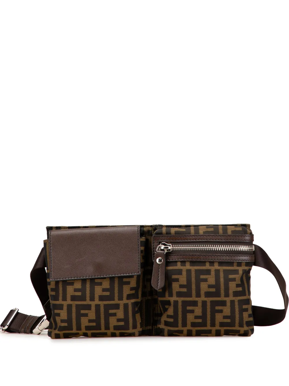 Pre-owned Fendi 2010-2025 Zucca Canvas Double Pocket Belt Bag In Brown