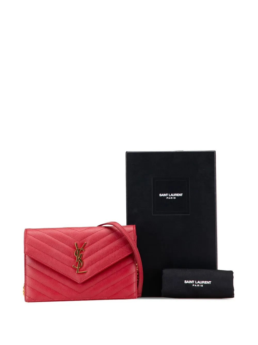 Pre-owned Saint Laurent 2017 Grain De Poudre Chevron Monogram Envelope Wallet On Chain Crossbody Bag In Red