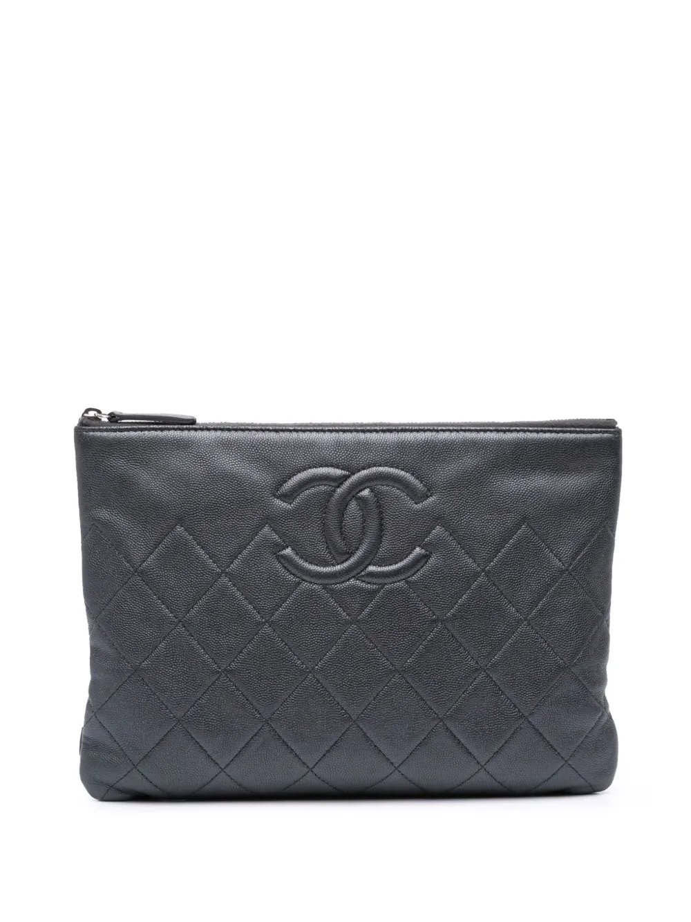 Pre-owned Chanel 2017-2018 Medium Cc Quilted Caviar O Case Clutch Bag In Black