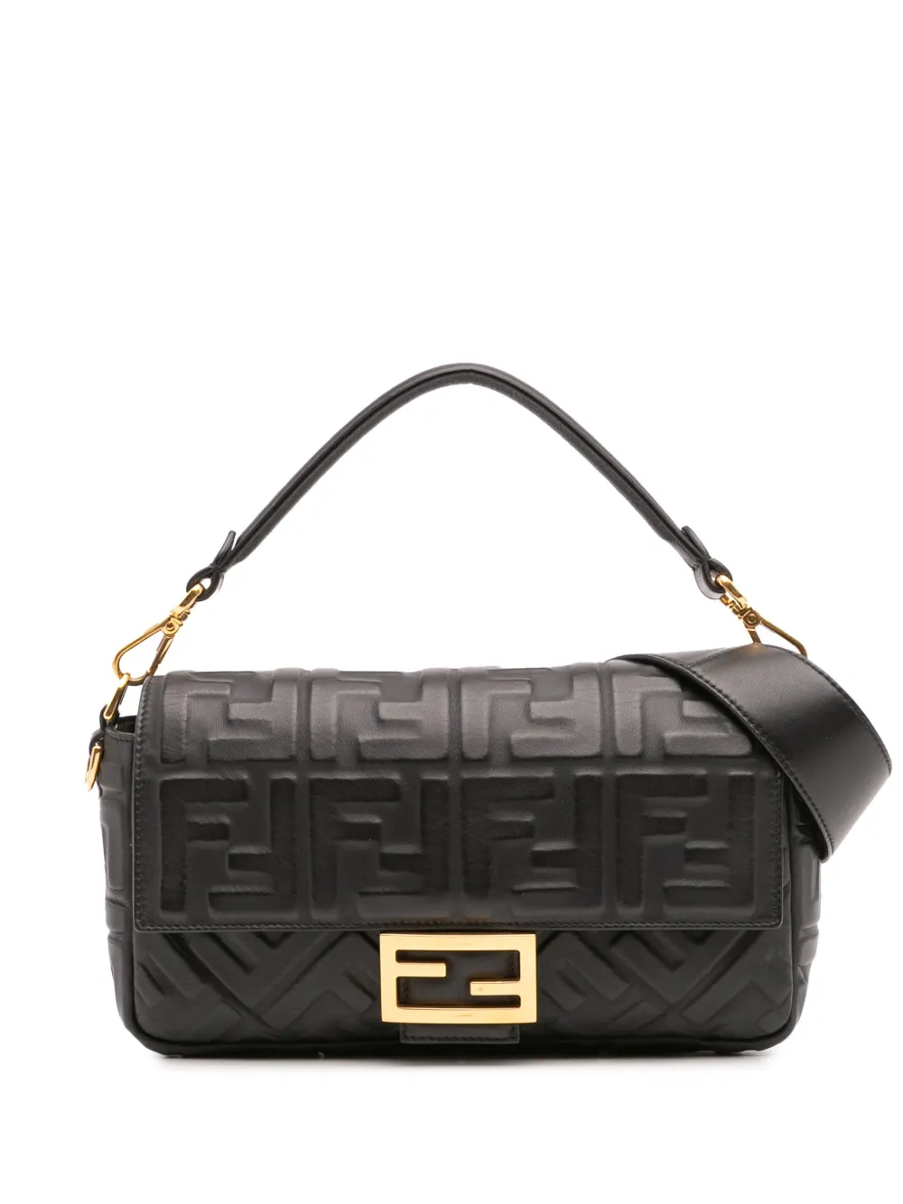 Pre-owned Fendi 2000-2010 Zucca Embossed Leather Baguette Satchel In Black