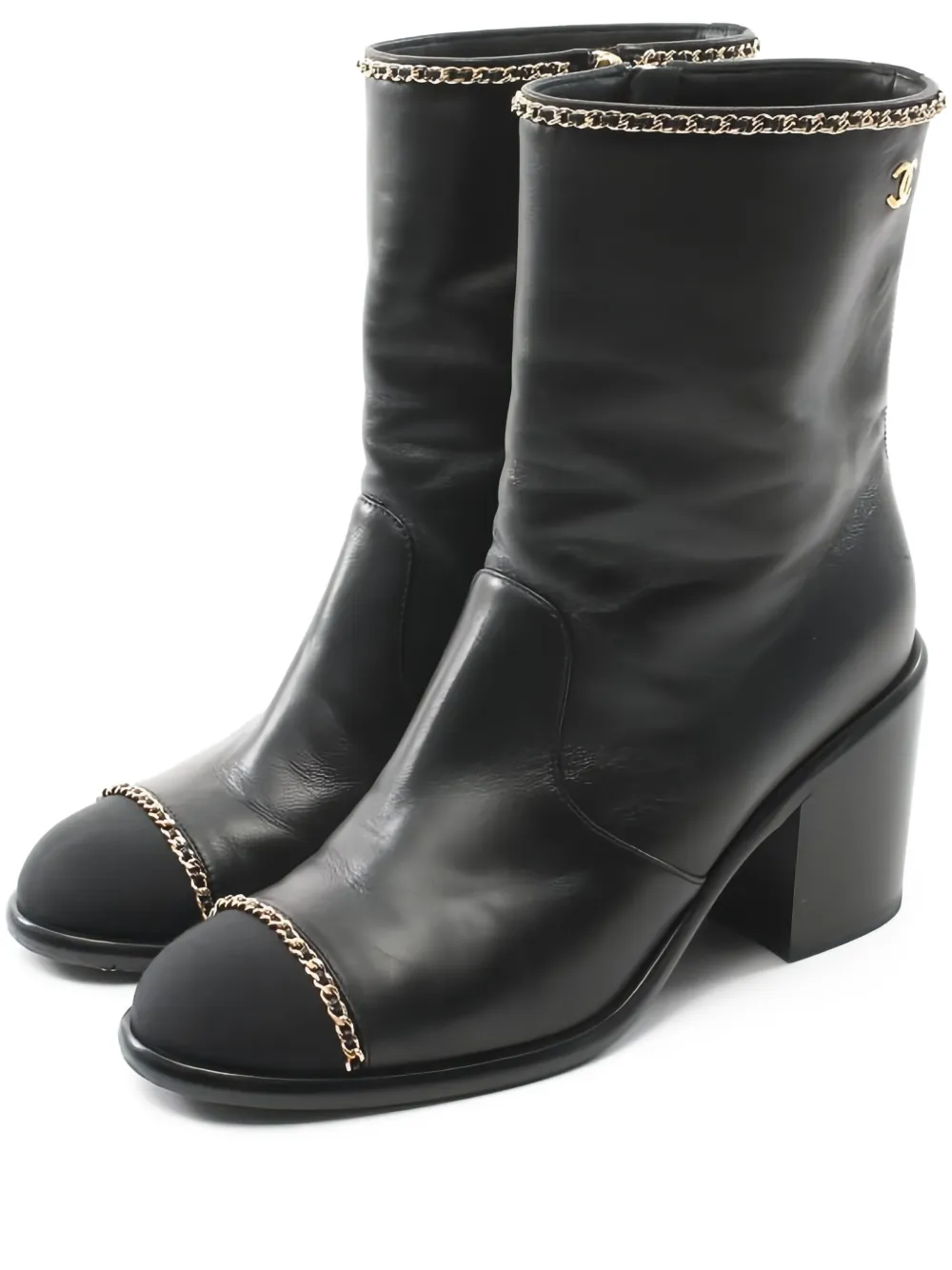 Pre-owned Chanel 80mm 1980s Middle Chain-trimmed Leather Boots In Black
