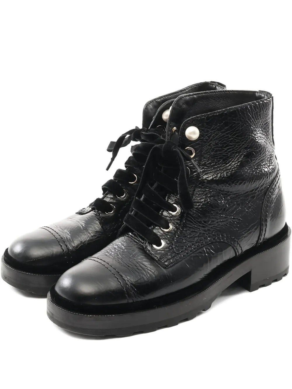 Pre-owned Chanel Pearl-embellishment Lace-up Boots In Black