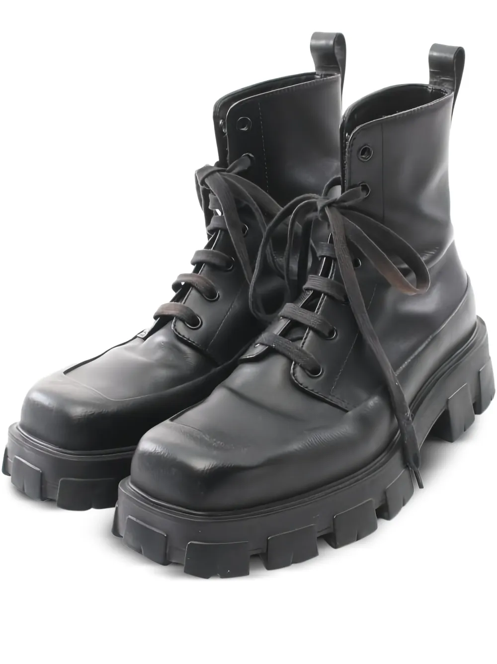 Pre-owned Prada 50mm Lace-up Lug-sole Combat Boots In Black