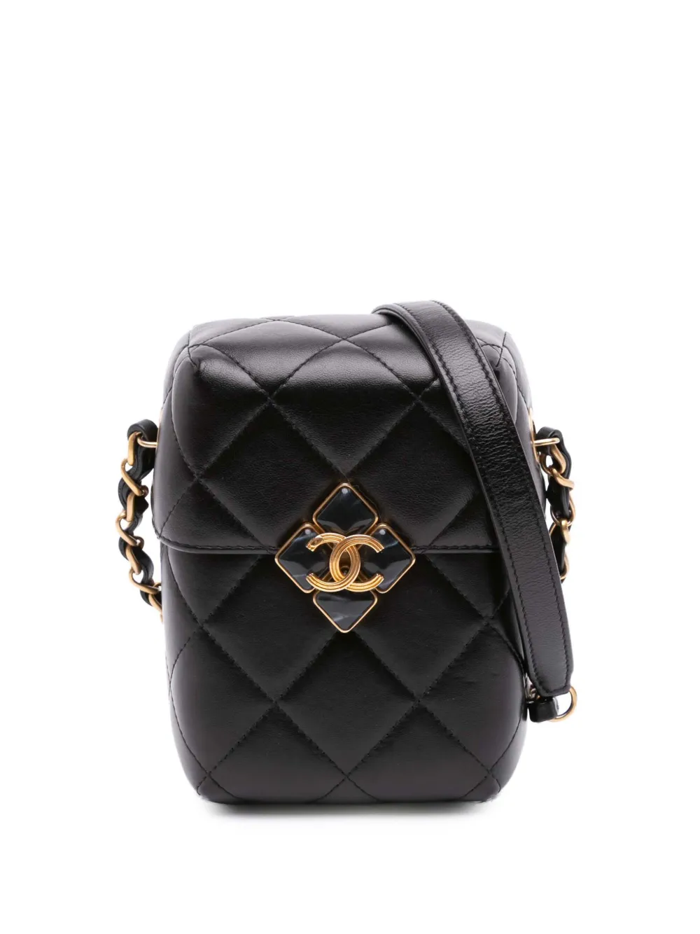 Pre-owned Chanel 2021-2025 Mini Quilted Lambskin Diamond Lock Phone Holder Crossbody Bag In Black