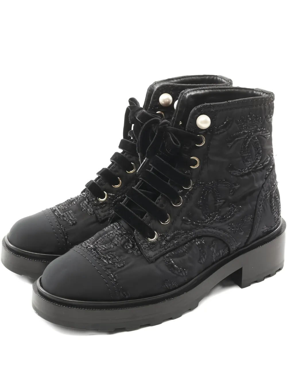 CHANEL Pre-Owned embroidered-logo lace-up combat boots | Black | Image 1