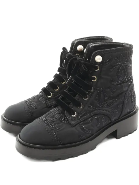 CHANEL Pre-Owned embroidered-logo lace-up combat boots