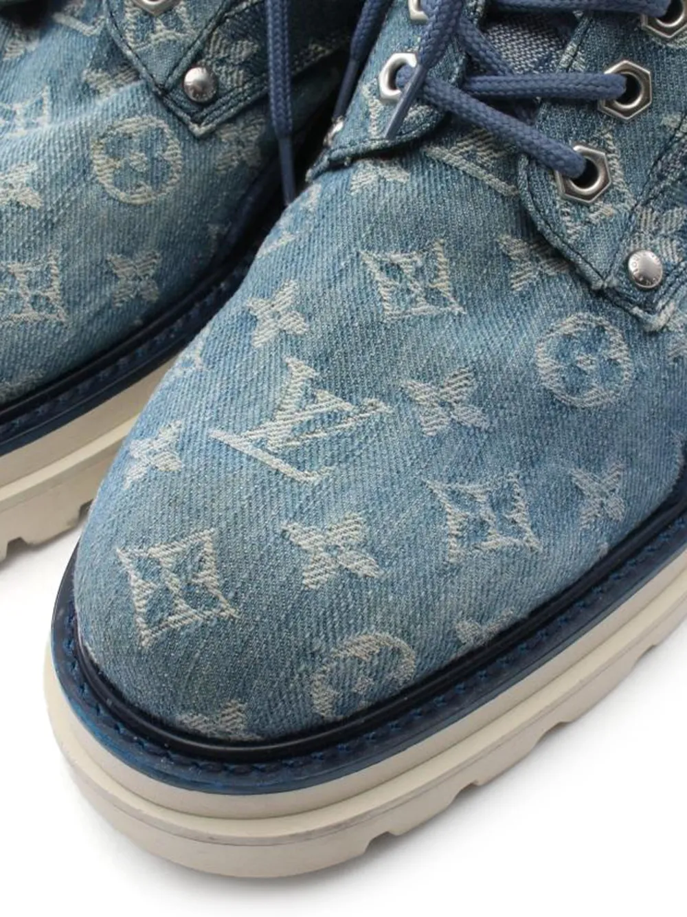 Pre-owned Louis Vuitton Monogram-pattern Denim Ankle Boots In Blue