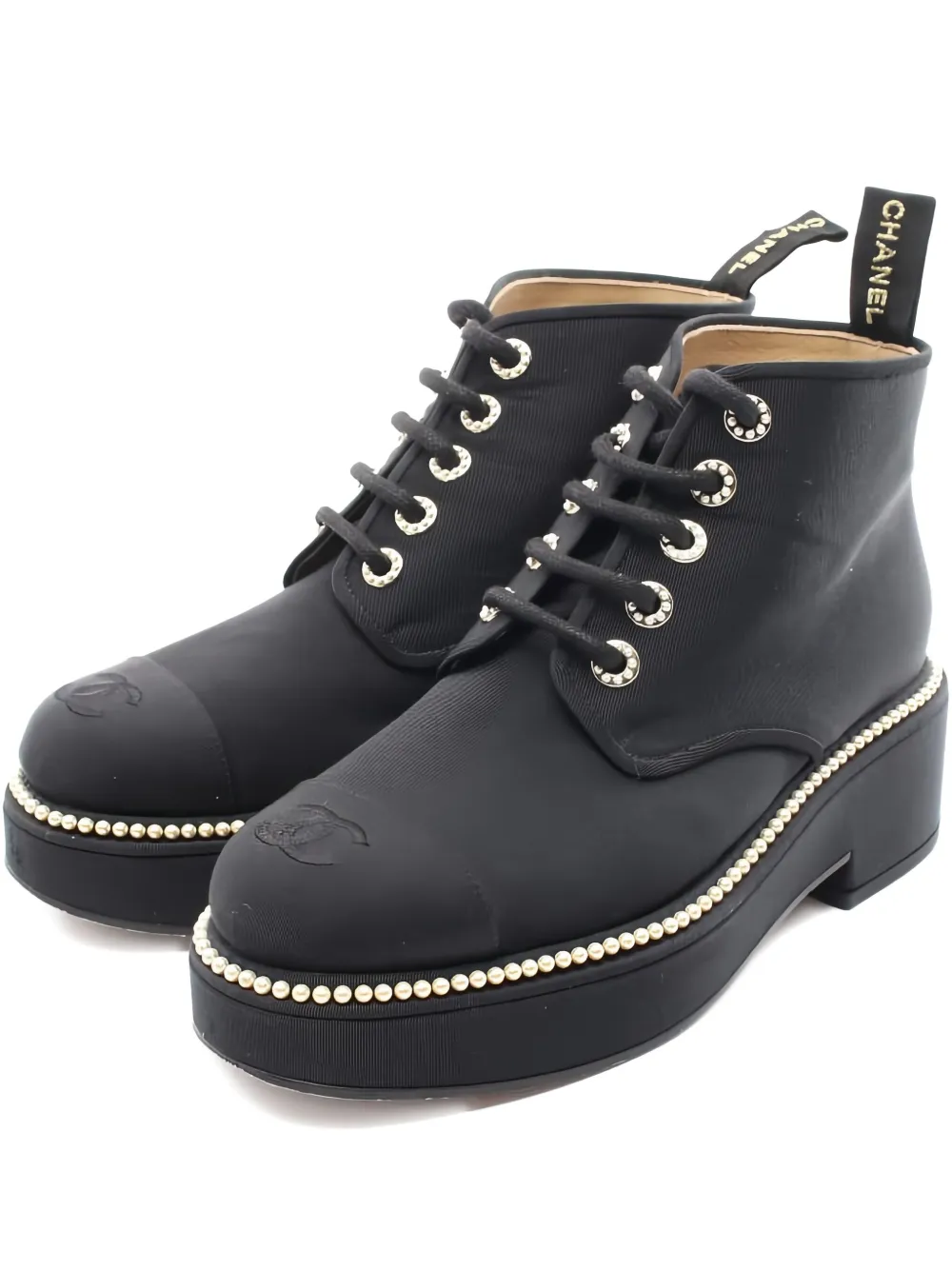 Pre-owned Chanel Pearl-trimmed Lace-up Ankle Boots In Black