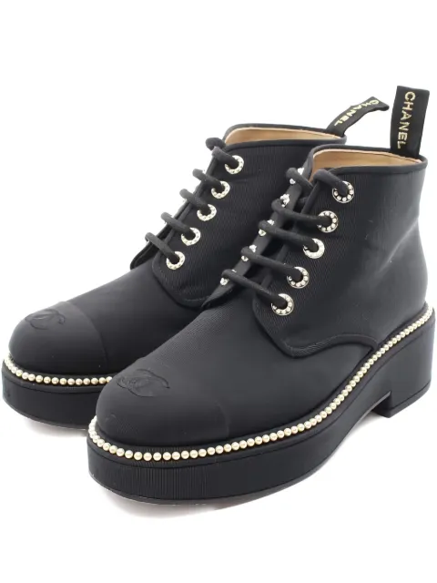 CHANEL Pre-Owned pearl-trimmed lace-up ankle boots