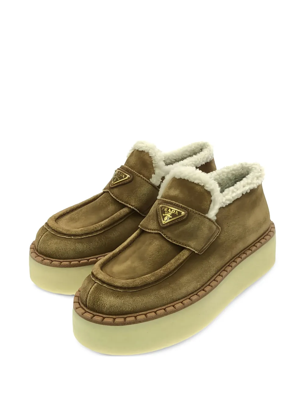 Pre-owned Prada Shearling-lined Slip-on Loafers In Neutral