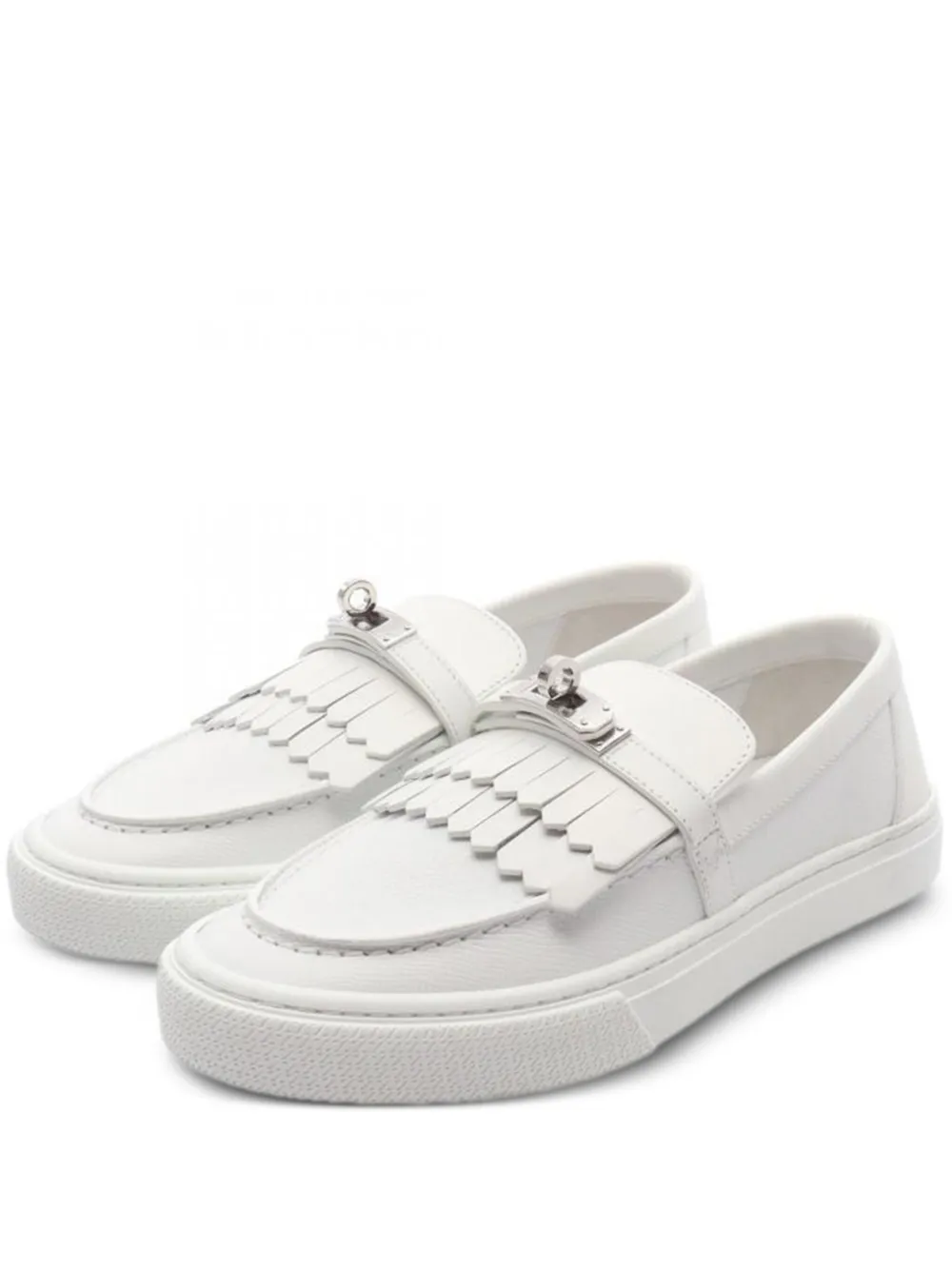 Pre-owned Hermes Fringe-strap Leather Loafers In White