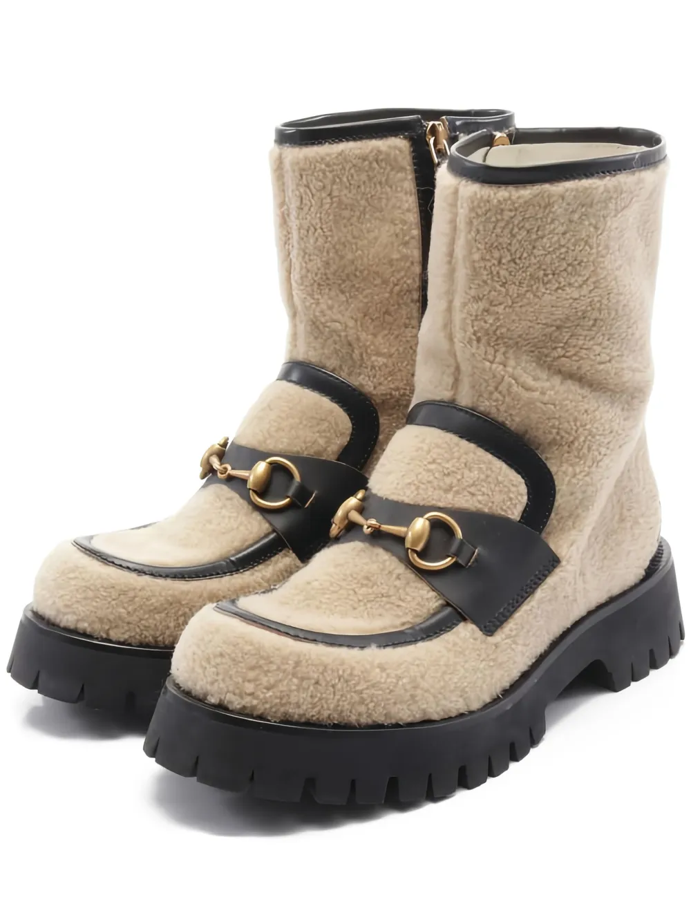 Pre-owned Gucci Shearling Horsebit-embellished Boots In Neutral