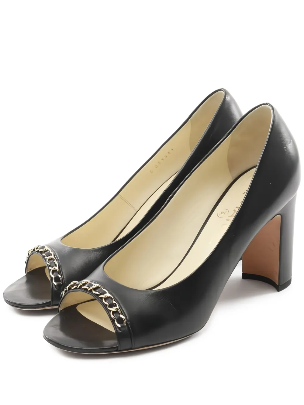 Pre-owned Chanel 90mm Chain-embellished Peep-toe Pumps In Black