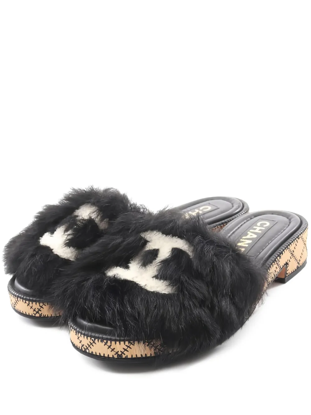 Pre-owned Chanel Fur-upper Platform Sandals In Black