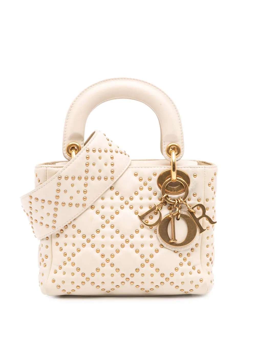 Christian Dior Pre-Owned 2017 Mini Lambskin Cannage Studded Supple Lady Dior satchel | White | Image 1