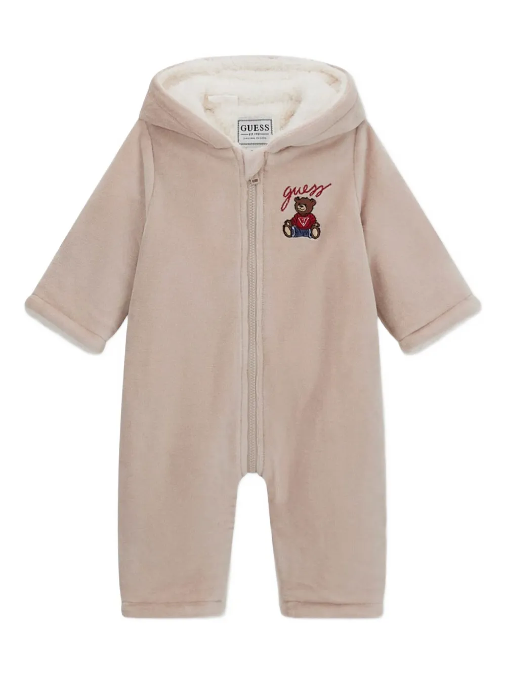 Guess Babies' Teddy-embroidered Hooded Romper In Neutral