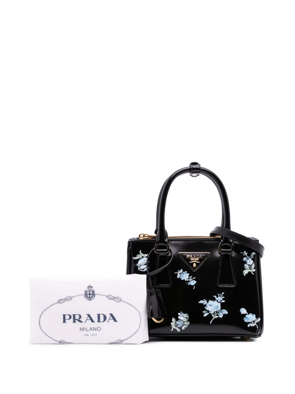 Pre-owned Prada 2000-2025 Mini Brushed Leather Floral Print Galleria Double Zip Satchel In Black