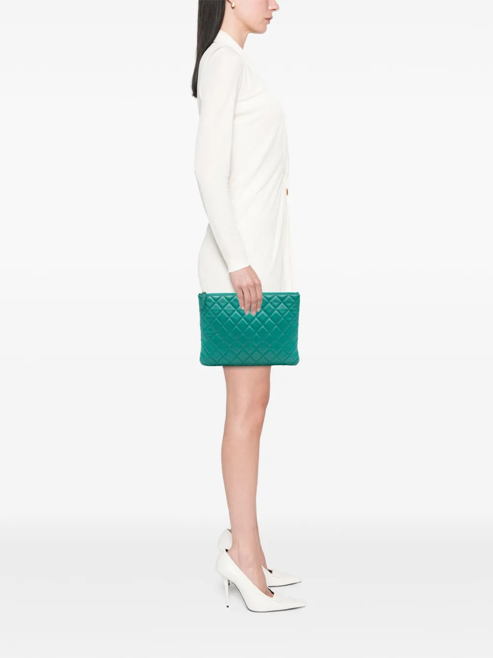 Pre-owned Chanel 2017-2018 Medium Quilted Lambskin O Case Clutch Bag In Green