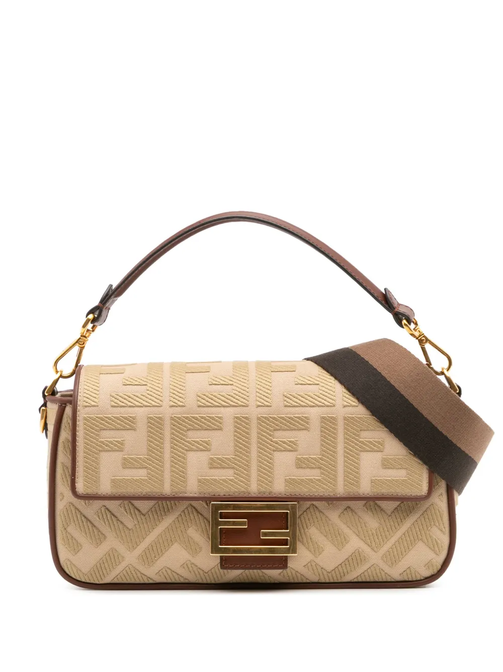 Pre-owned Fendi 2000-2010 Zucca Embroidered Canvas Baguette Satchel In Brown