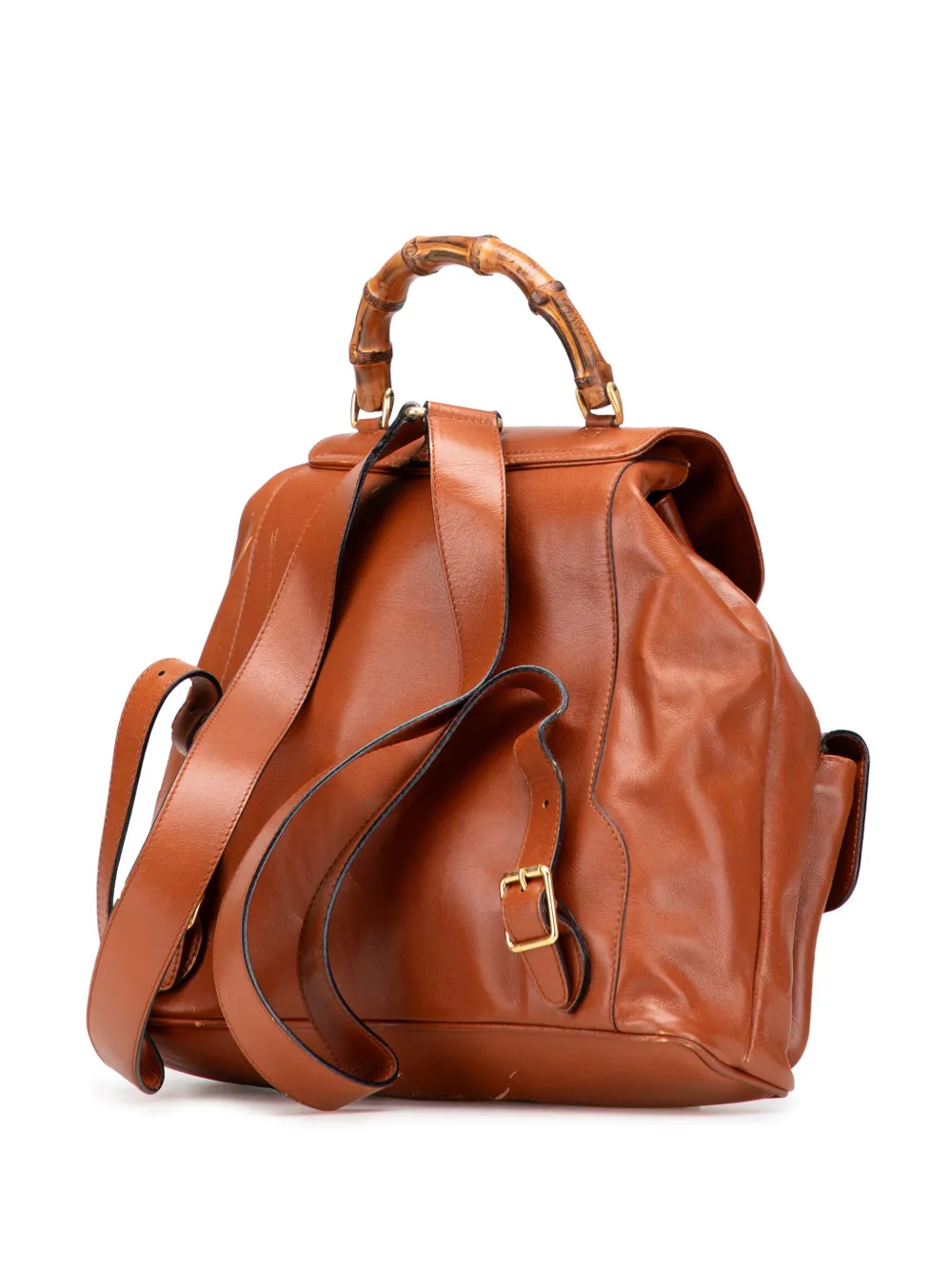 Pre-owned Gucci 20th Century Leather Bamboo Drawstring Backpack In Brown