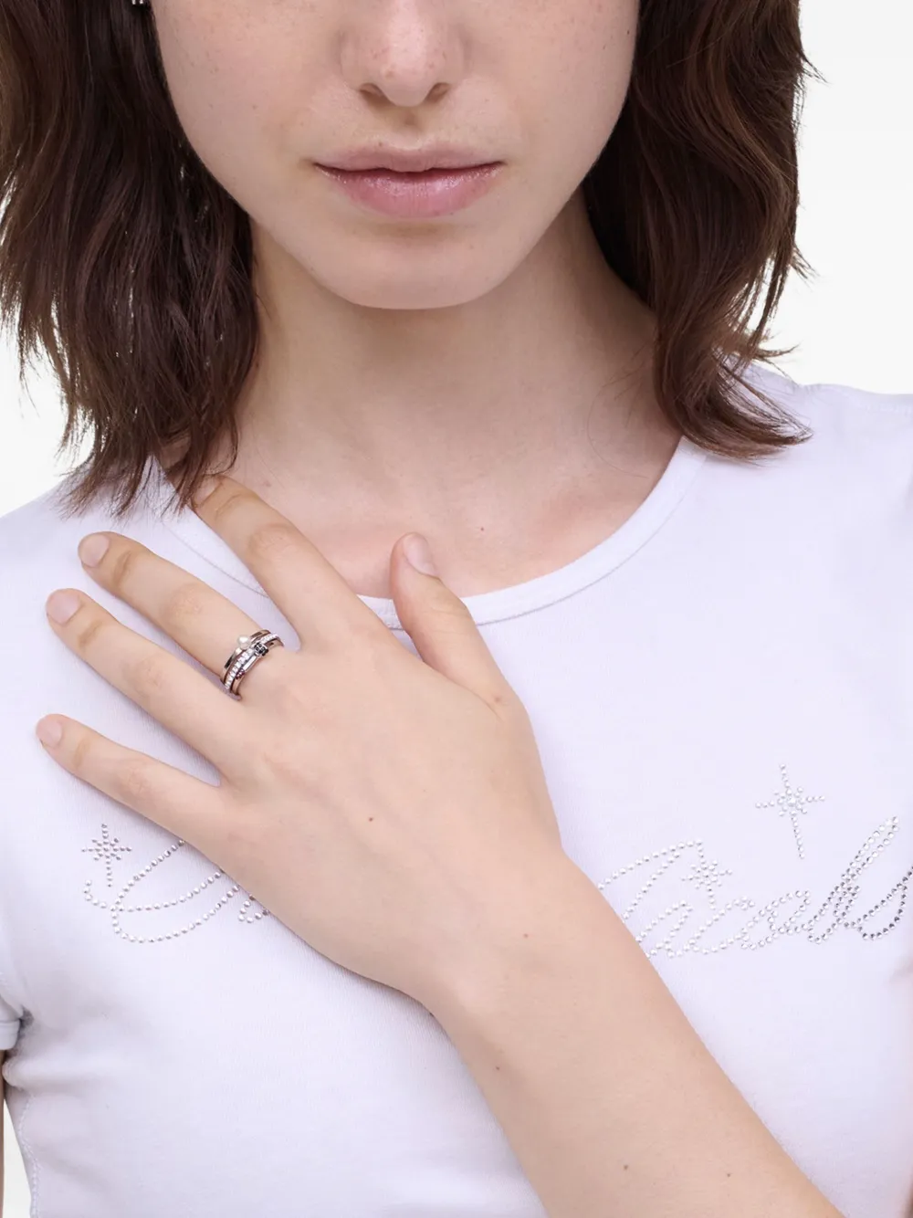 Marc Jacobs Drie ringen met lippenstift-detial en verfraaid met parels - Zilver