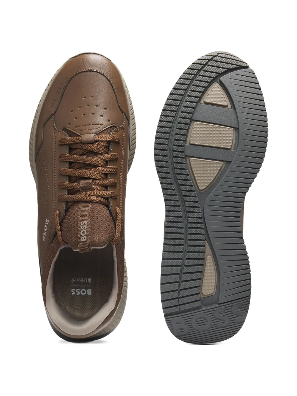 BOSS Geperforeerde leren sneakers Bruin