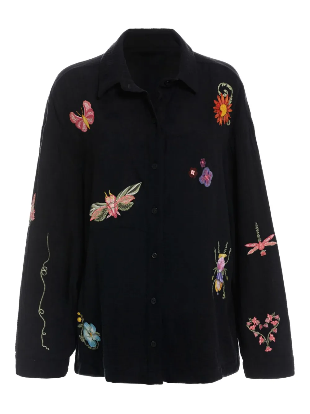Agua Bendita Keishi Floral-embroidered Shirt In Black