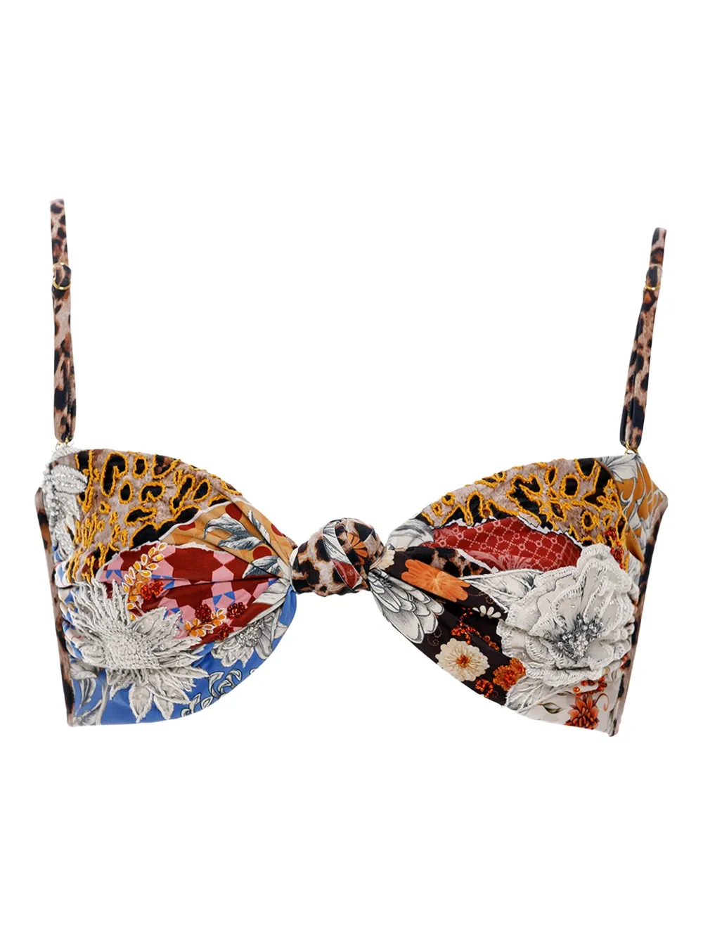 Agua Bendita Patchwork Knot-front Bikini Top In Multi