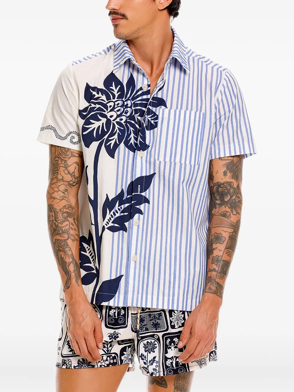Agua Bendita Jack gestreept overhemd met bloemenprint - Blauw