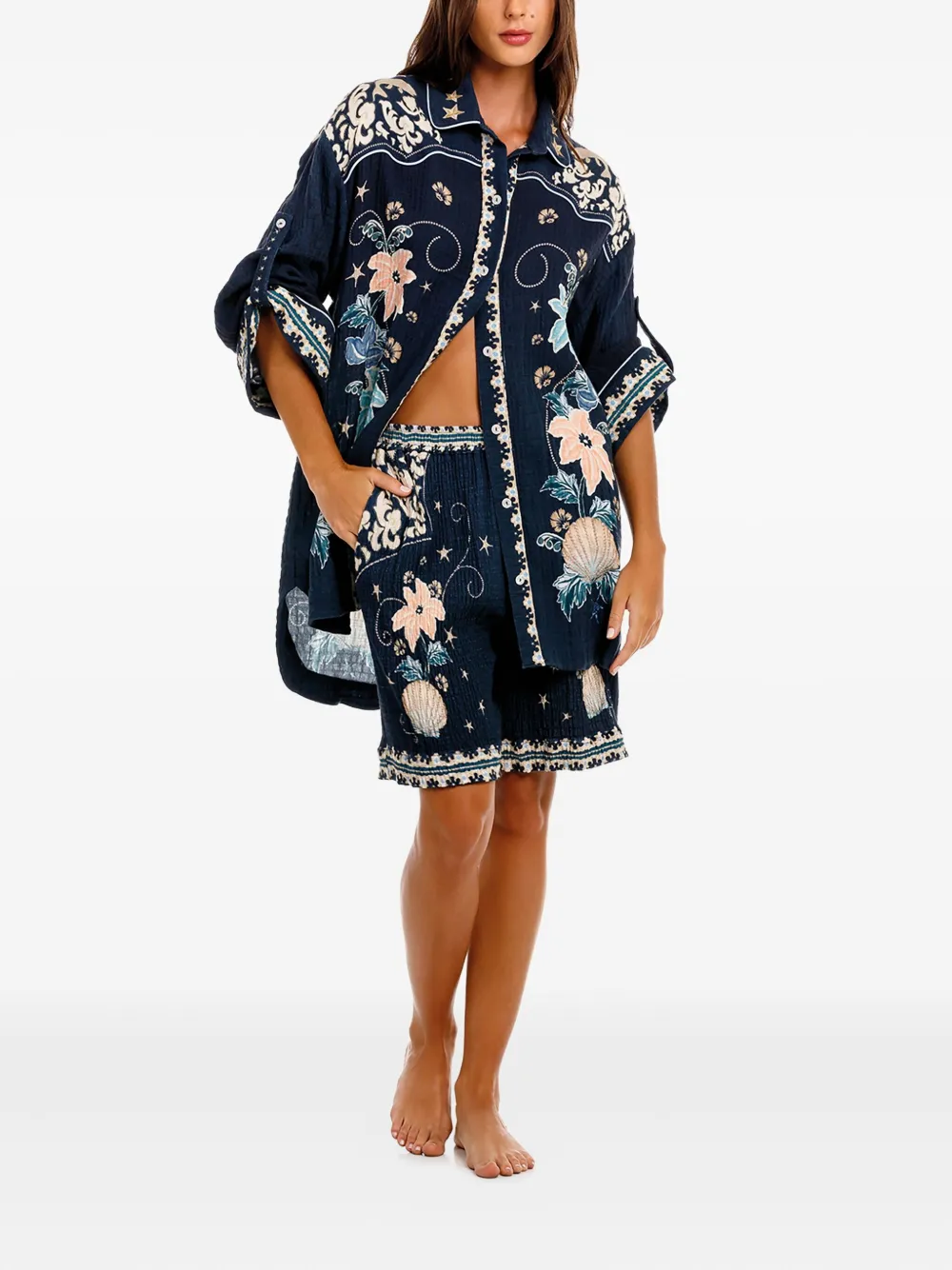 Agua Bendita Malaga shorts met elastische taille en bloemenprint Blauw
