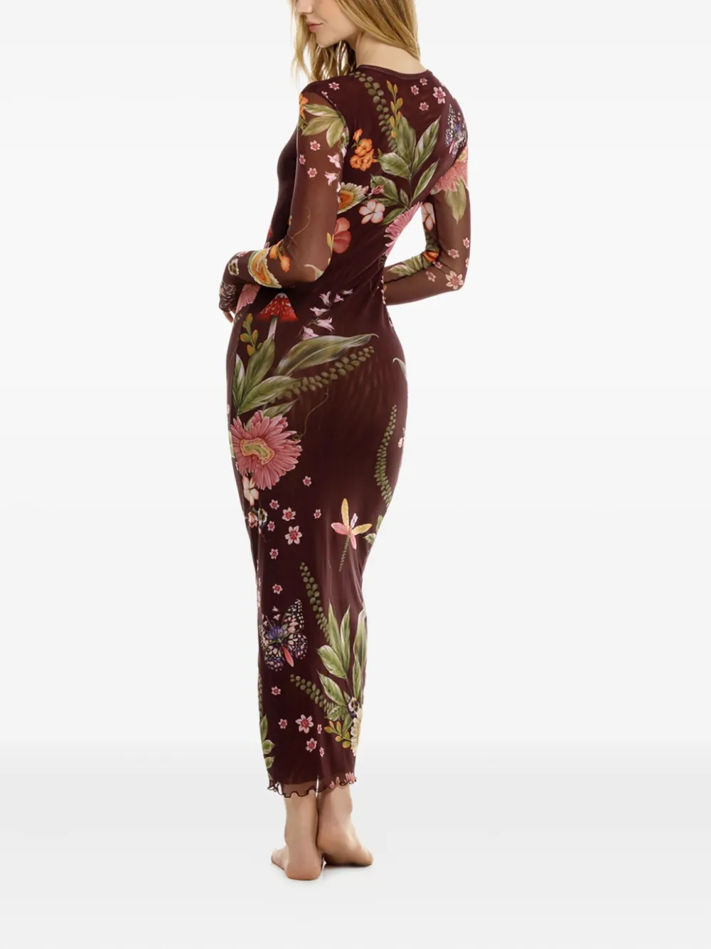 Agua Bendita Floral-print Mesh Maxi Dress In Brown