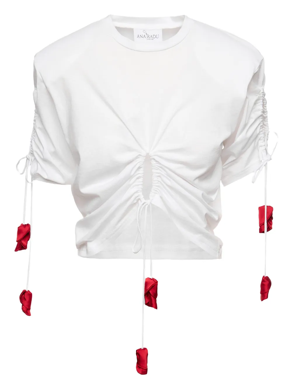 Ana Radu Drawstring-detail Rose-embellished Top In White