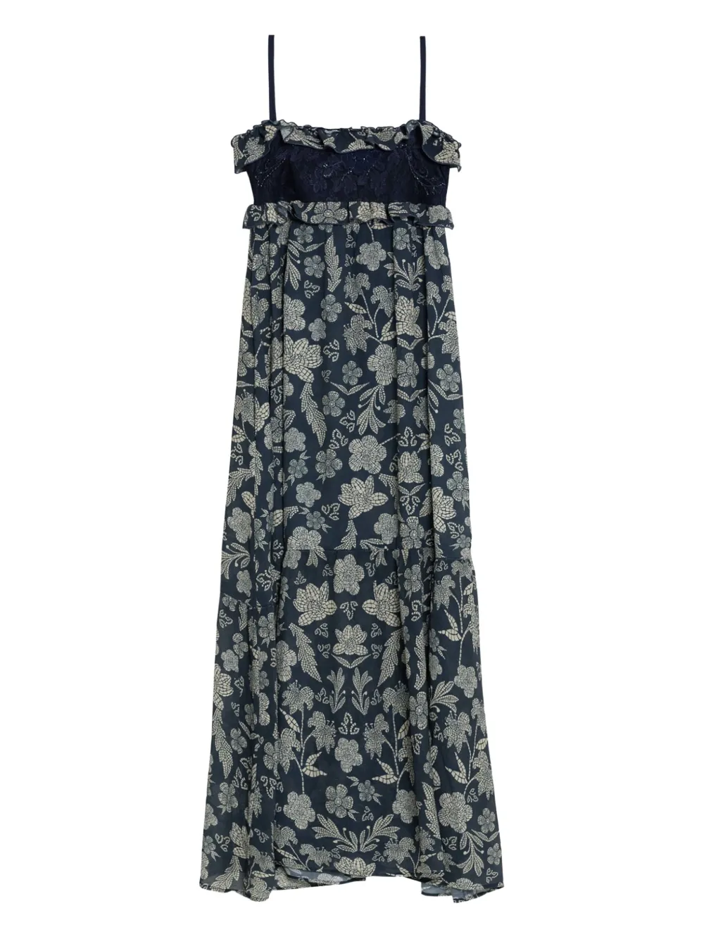 Agua Bendita Abito lungo Amaranta a fiori con ruches - Blu