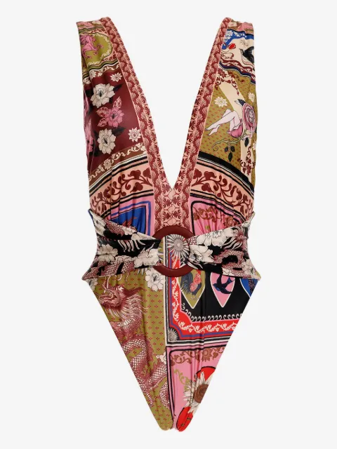 Agua Bendita V-neck patchwork-print belted swimsuit