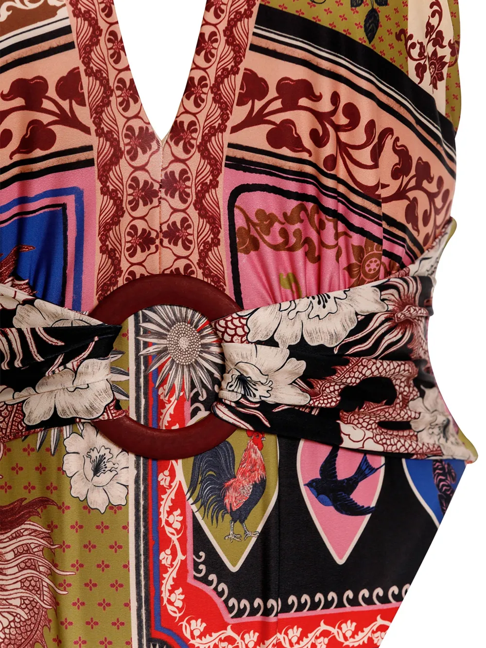 V-Neck Patchwork-Print Belted Swimsuit