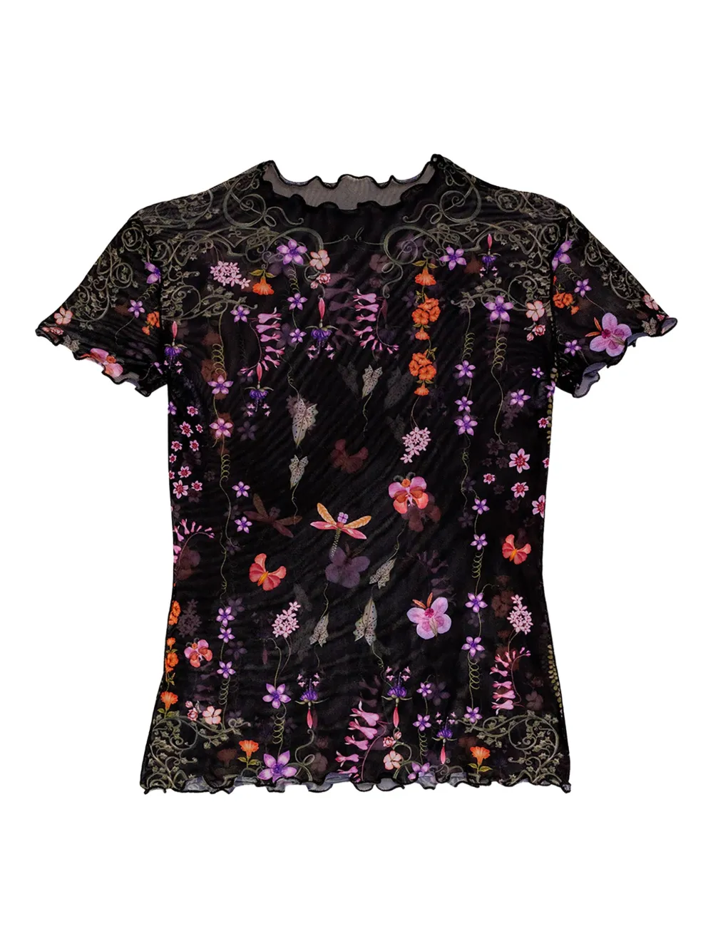 Agua Bendita floral-print mesh t-shirt | Black | Image 1