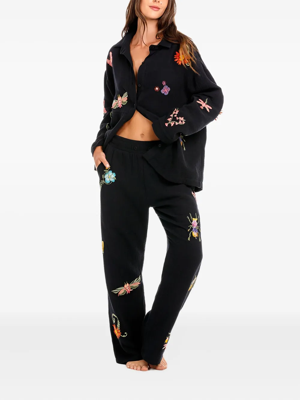 Agua Bendita Embroidered-floral Insect Trousers In Black