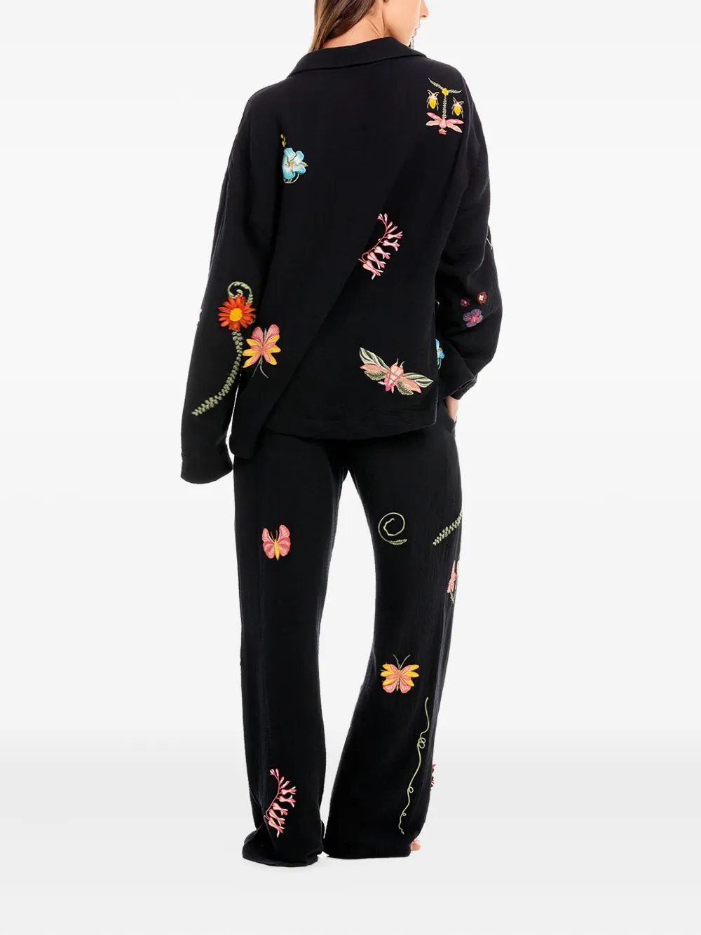 Agua Bendita Embroidered-floral Insect Trousers In Black