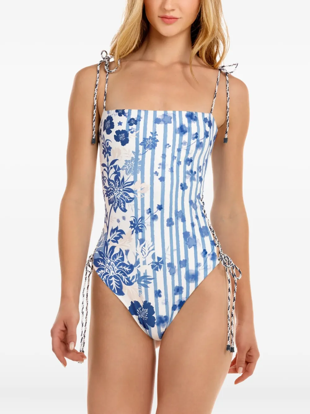 Agua Bendita Floral-stripe Swimsuit In Blue