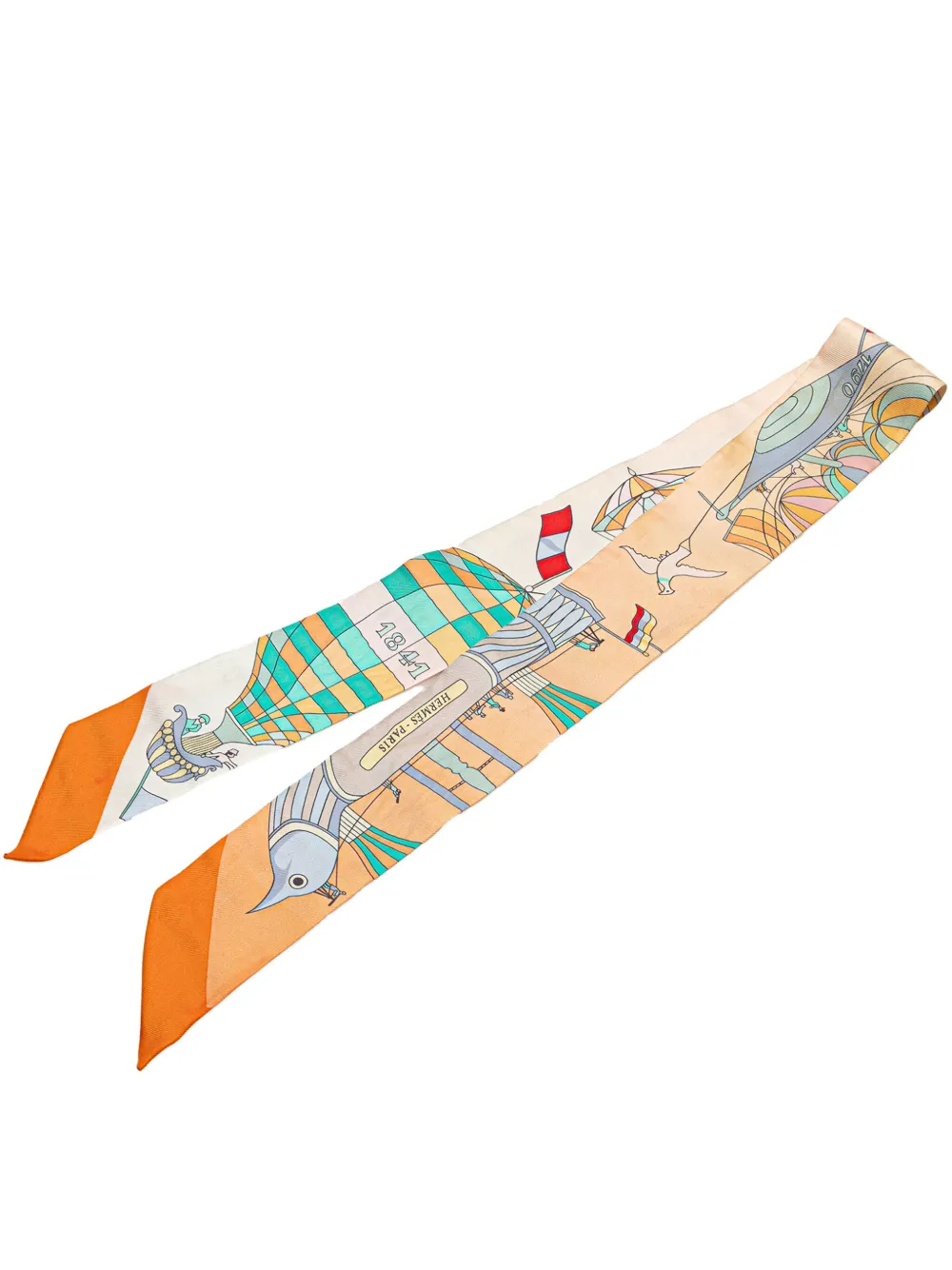 Pre-owned Hermes 20th Century Les Folies Du Ciel Silk Twilly Scarf Scarves In Orange