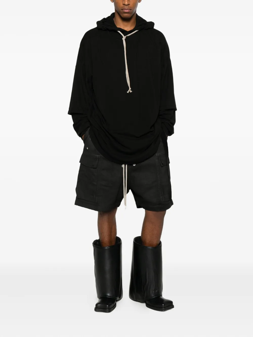 Rick Owens Drkshdw Tommy Layered Drawstring Hoodie In Black
