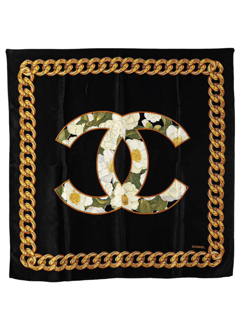 Pre-owned Chanel 1990-2010 Cc Camellia And Chain Print Silk Scarf Scarves In Black
