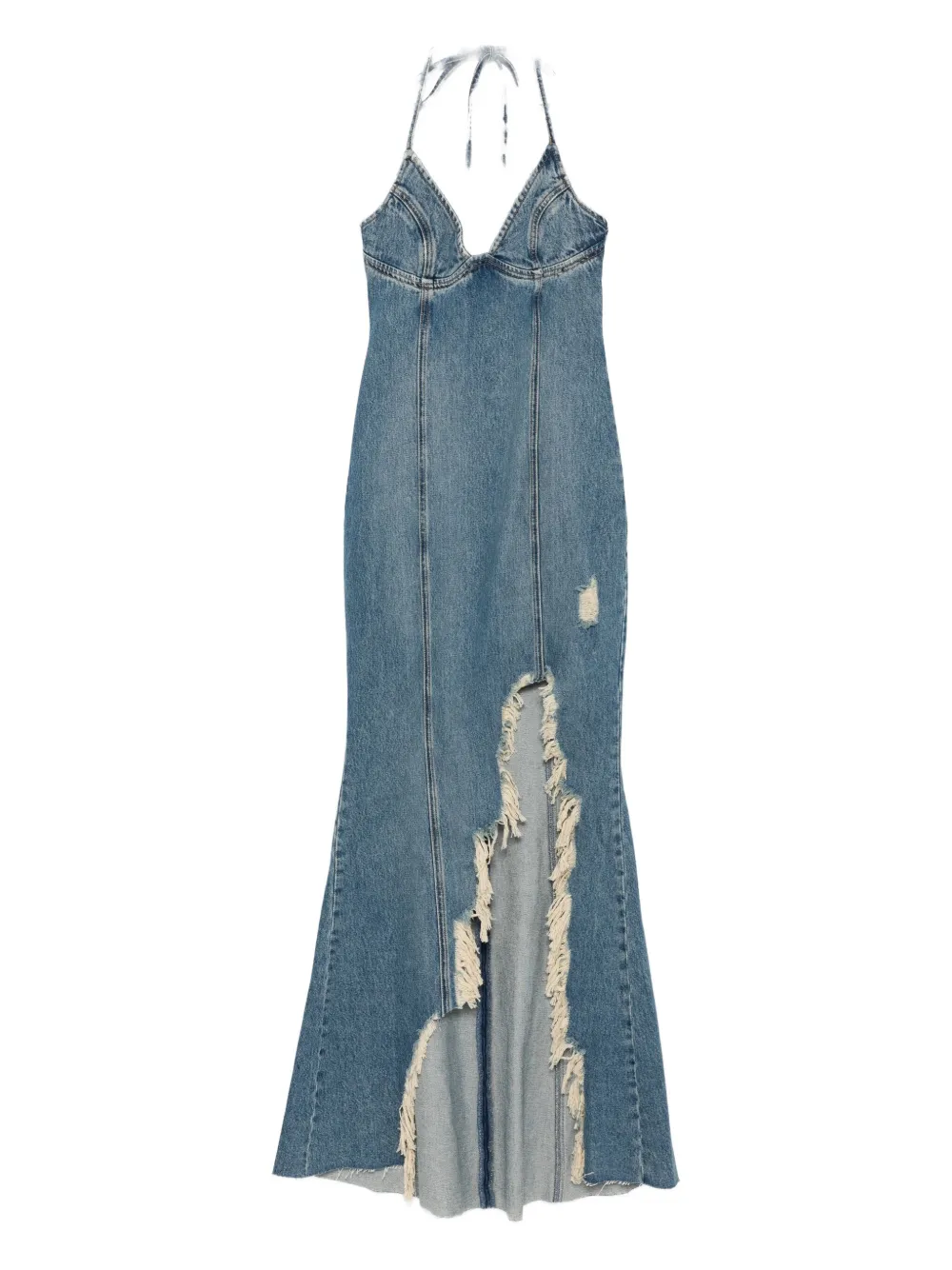 Blumarine Halter-neck Frayed-hem Denim Dress In Blue