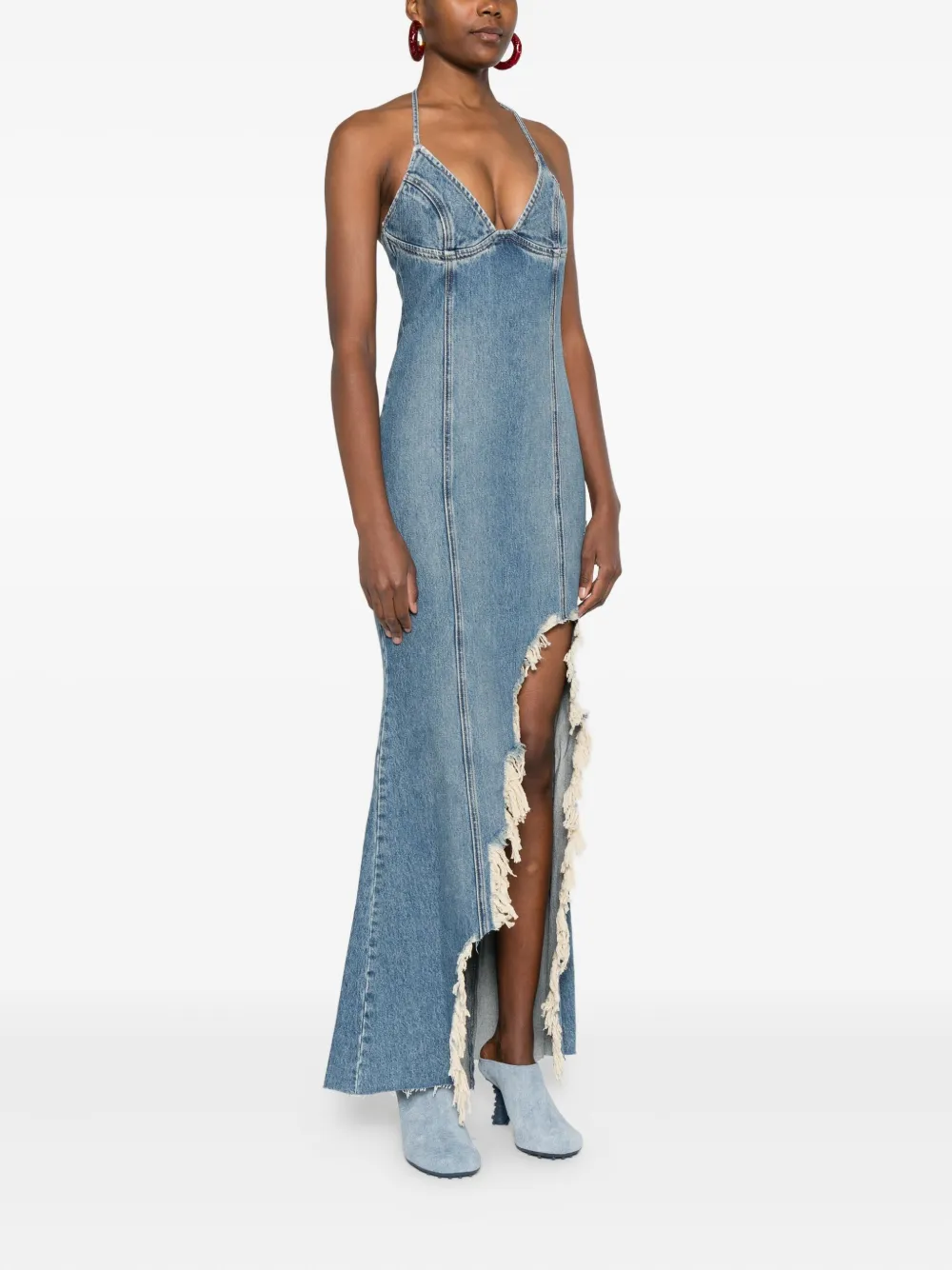 Blumarine Halter-neck Frayed-hem Denim Dress In Blue