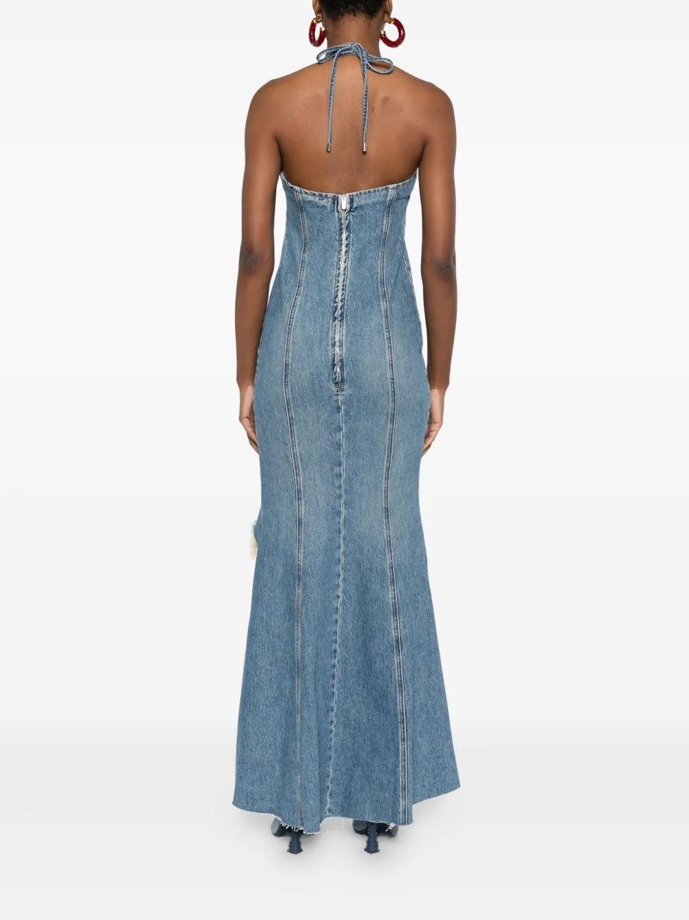 Blumarine Halter-neck Frayed-hem Denim Dress In Blue
