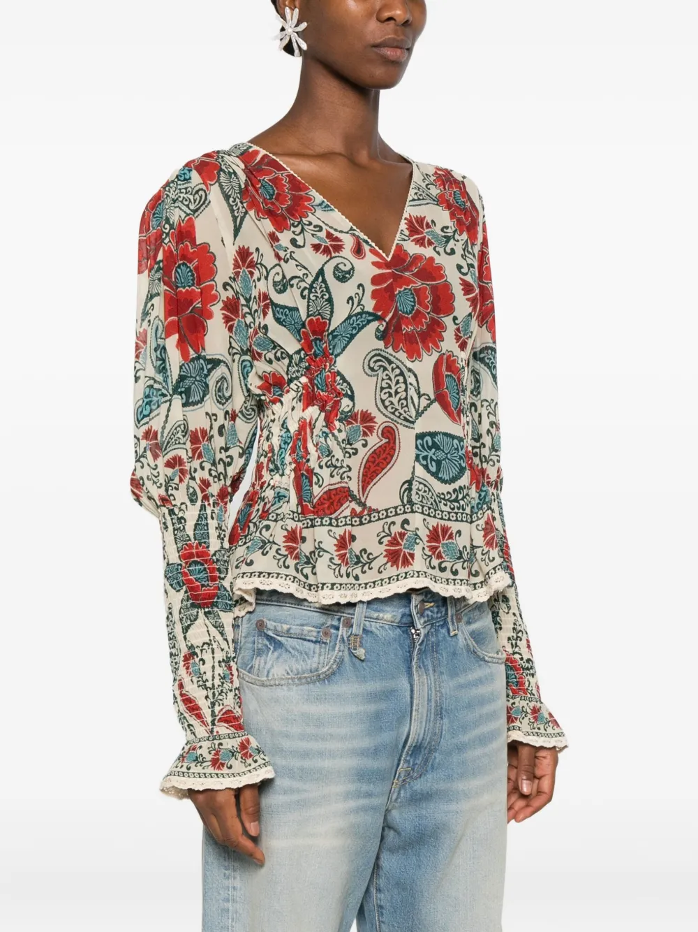 Farm Rio Floral-print Ruffled Blouse In Multi