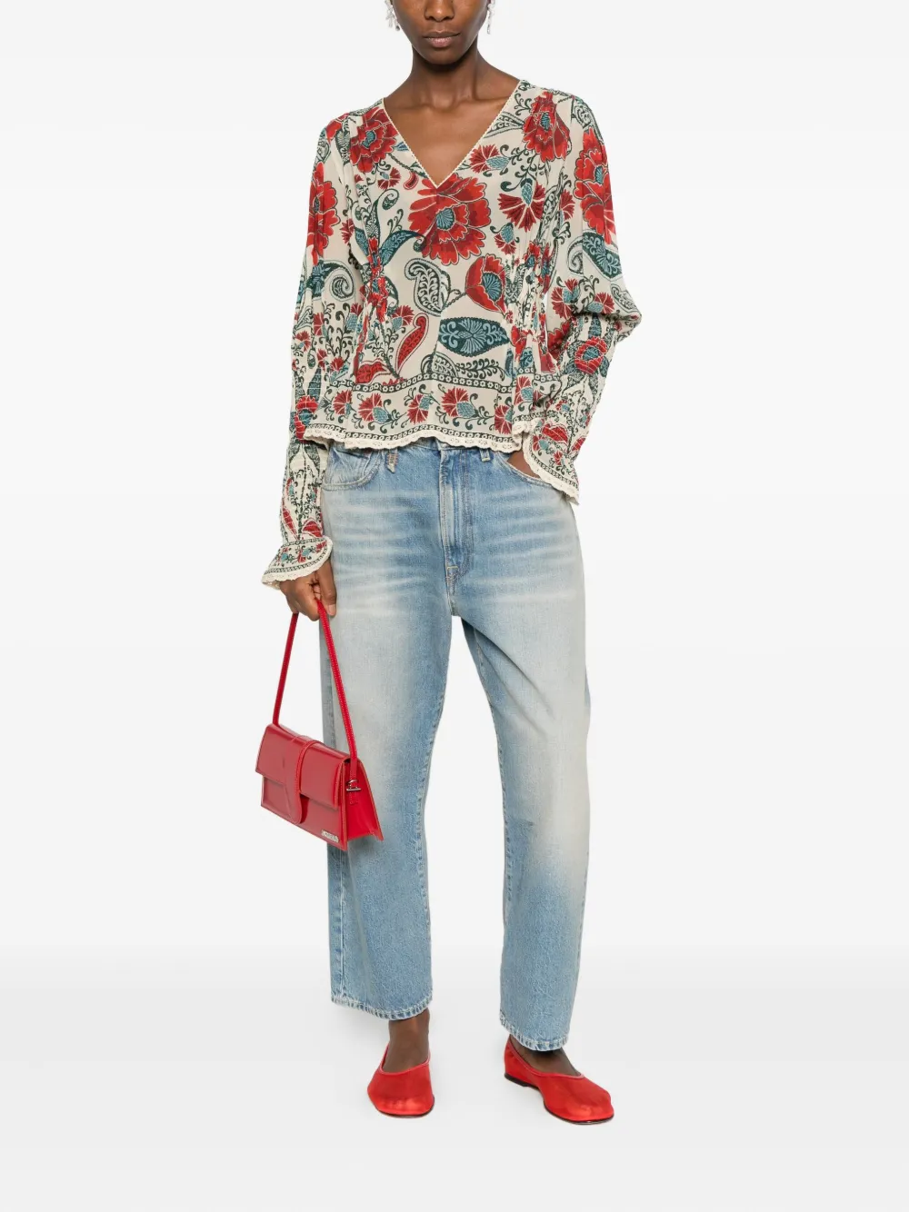 FARM Rio floral-print ruffled blouse - Beige